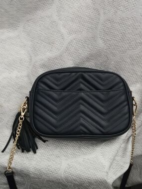 Dark Blue Quilted Chevron Crossbody with Tassel and Chain